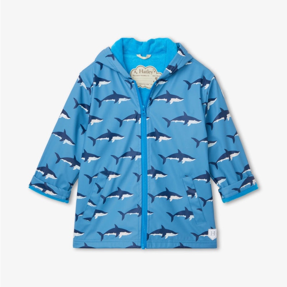 Hatley Splash Raincoat - Colour Changing - Swimming Sharks Sz 6 kids